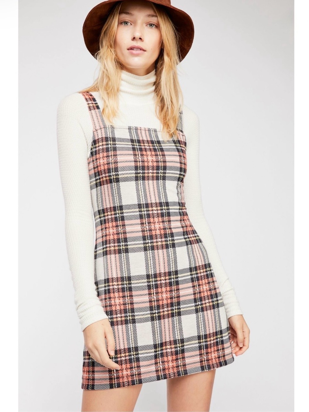 Free People Taylor Check Mini Dress Orange Plaid Knit Sleeveless 90s Clueless L